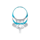Full face CPAP mask with blue and gray headgear for sleep apnea therapy
