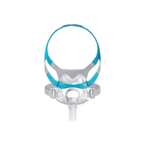 Full face CPAP mask with blue and gray headgear for sleep apnea therapy