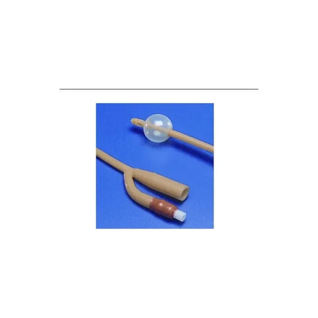 Latex Foley catheter with balloon for urinary drainage on blue background