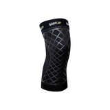 Black elastic knee sleeve with grid support pattern for joint compression and pain relief