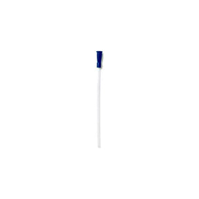 Sterile medical catheter with blue connector on white background for home healthcare