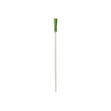 Sterile intermittent catheter with green funnel, medical supply on white background