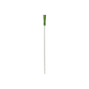 Sterile intermittent catheter with green funnel, medical supply on white background