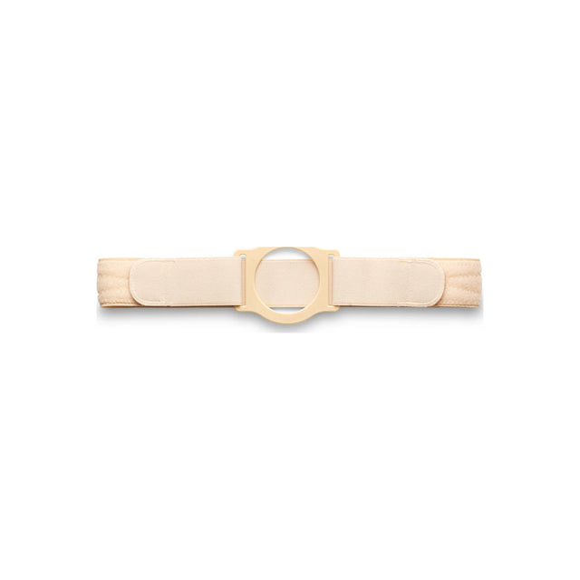Beige medical ostomy belt with circular plastic opening for ostomy support and comfort