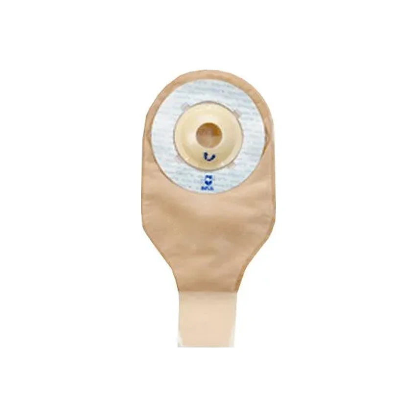 One-piece beige ostomy bag with adhesive barrier for stoma care, medical supply product.