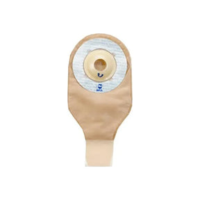 One-piece beige ostomy bag with adhesive barrier for stoma care, medical supply product.