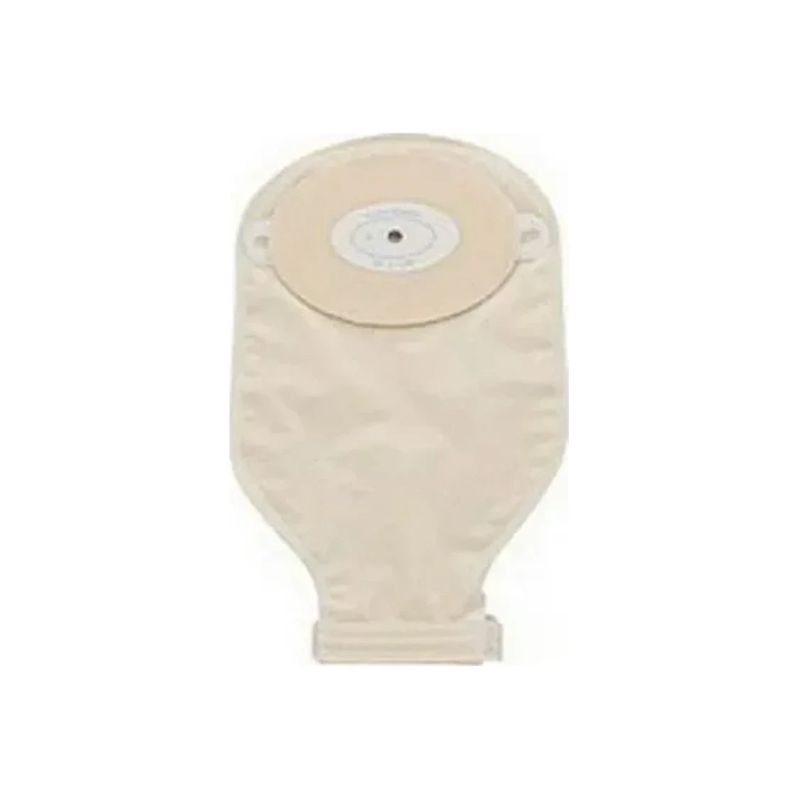 Beige drainable ostomy pouch with adhesive barrier for medical use on white background.