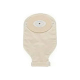 Beige drainable ostomy pouch with adhesive barrier for medical use on white background.