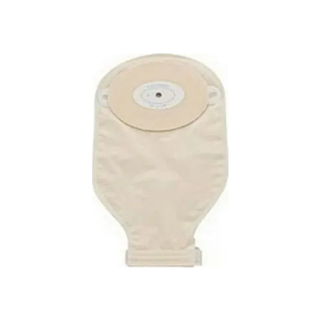 Beige drainable ostomy pouch with adhesive barrier for medical use on white background.