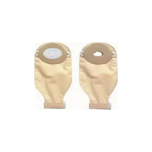 Two beige ostomy bags with circular adhesive flanges for stoma care and medical use