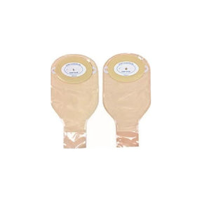 Pair of beige ostomy pouches with adhesive barrier for medical use on white background.