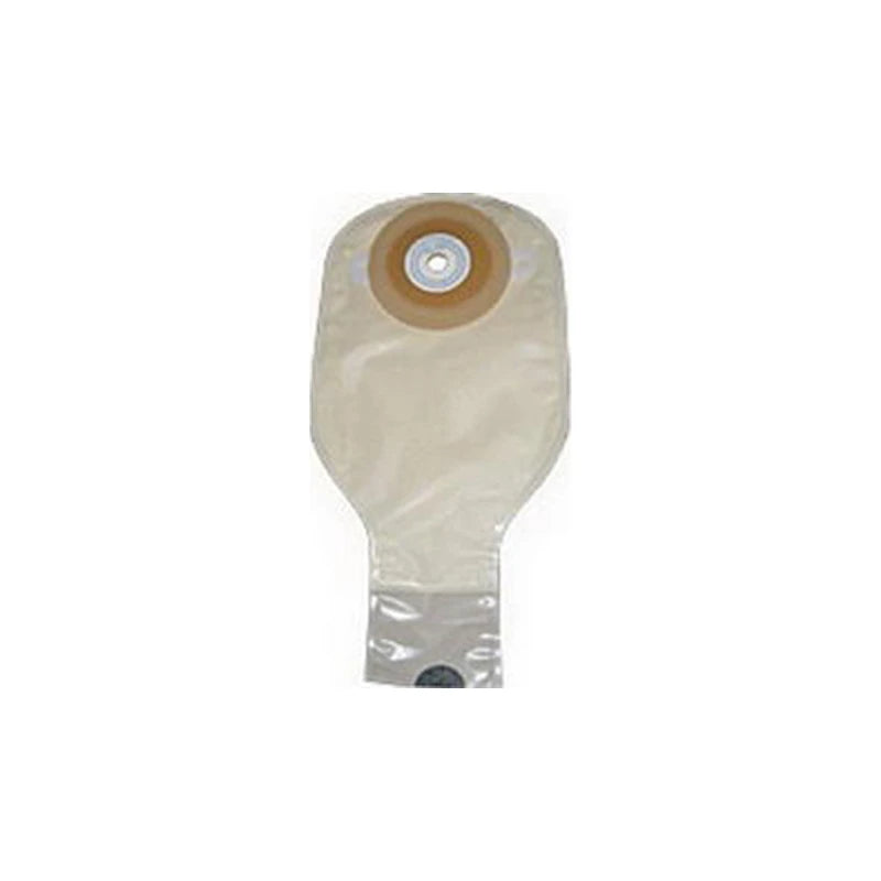 Transparent ostomy pouch with beige adhesive barrier for stoma care