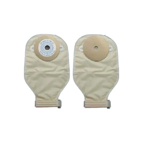 Two beige ostomy pouches with adhesive flanges and drainable openings on a white background.