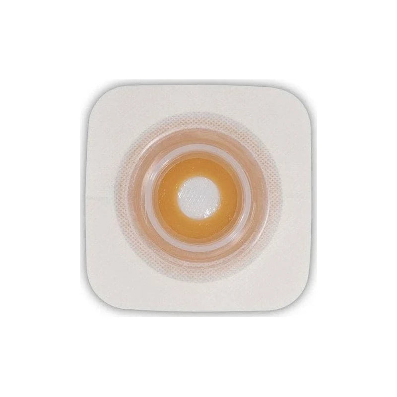 One-piece ostomy barrier with adhesive and central opening for stoma care