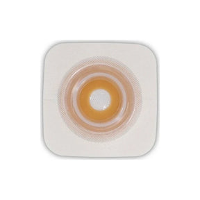 One-piece ostomy barrier with adhesive and central opening for stoma care
