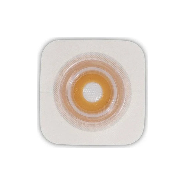 One-piece ostomy barrier with adhesive and central opening for stoma care
