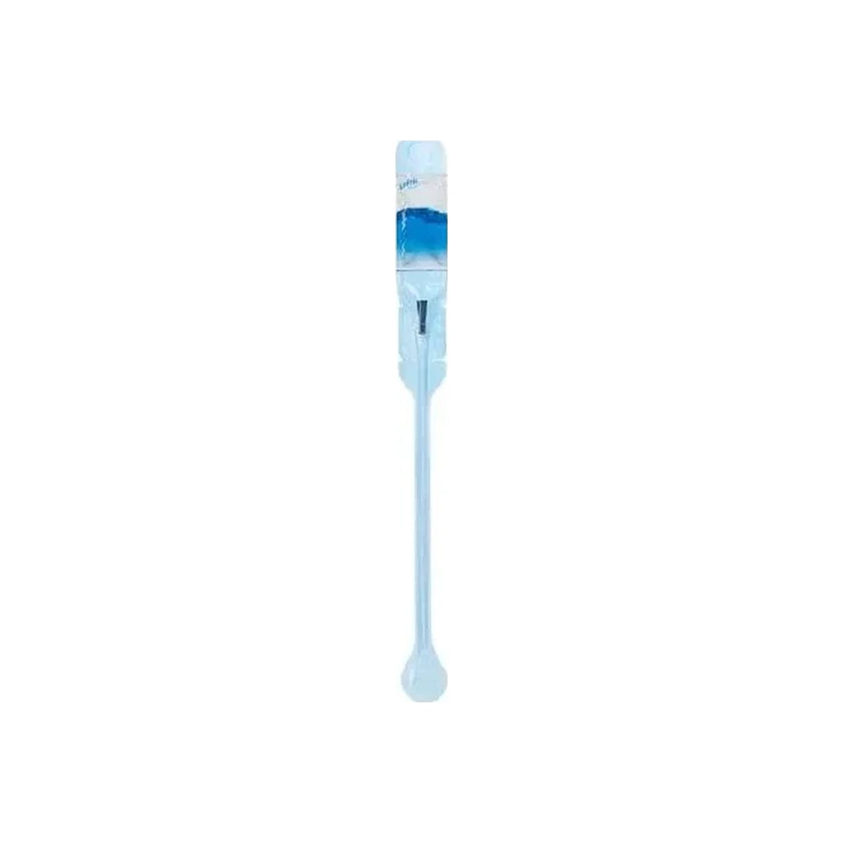 Sterile single-use blue medical catheter on white background