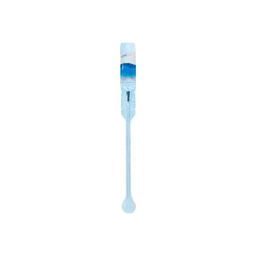 Sterile single-use blue medical catheter on white background