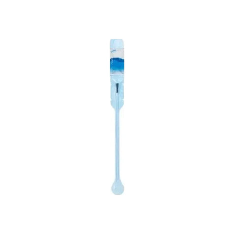 Sterile single-use blue medical catheter on white background