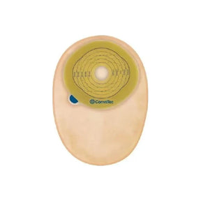 ConvaTec ostomy pouch with adhesive barrier for stoma care, beige color, on white background