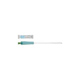 Sterile intermittent catheter with blue and green tip and individual packaging on white background