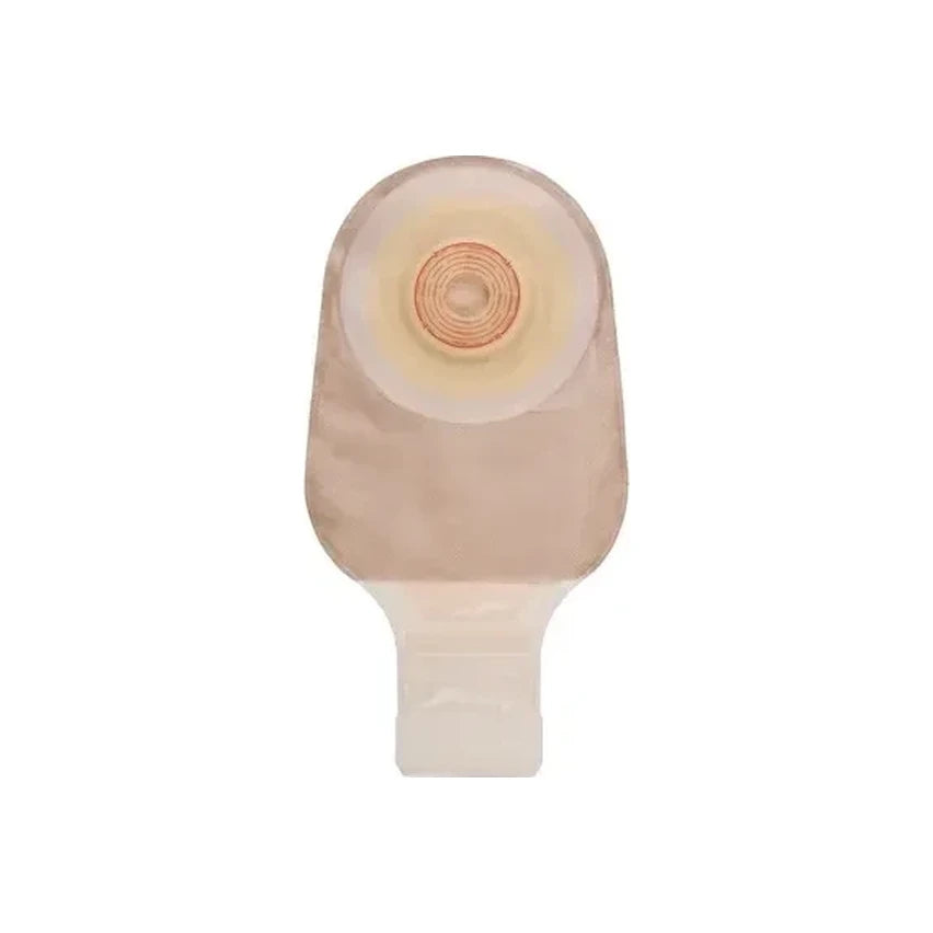 Drainable beige ostomy pouch with adhesive barrier for stoma care on white background