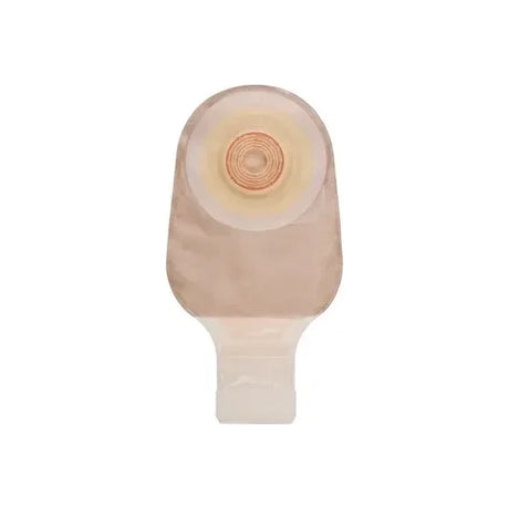 Drainable beige ostomy pouch with adhesive barrier for stoma care on white background