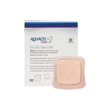 Aquacel Ag Foam adhesive silicone wound dressing with silver, 4x4 inch, 10 pack