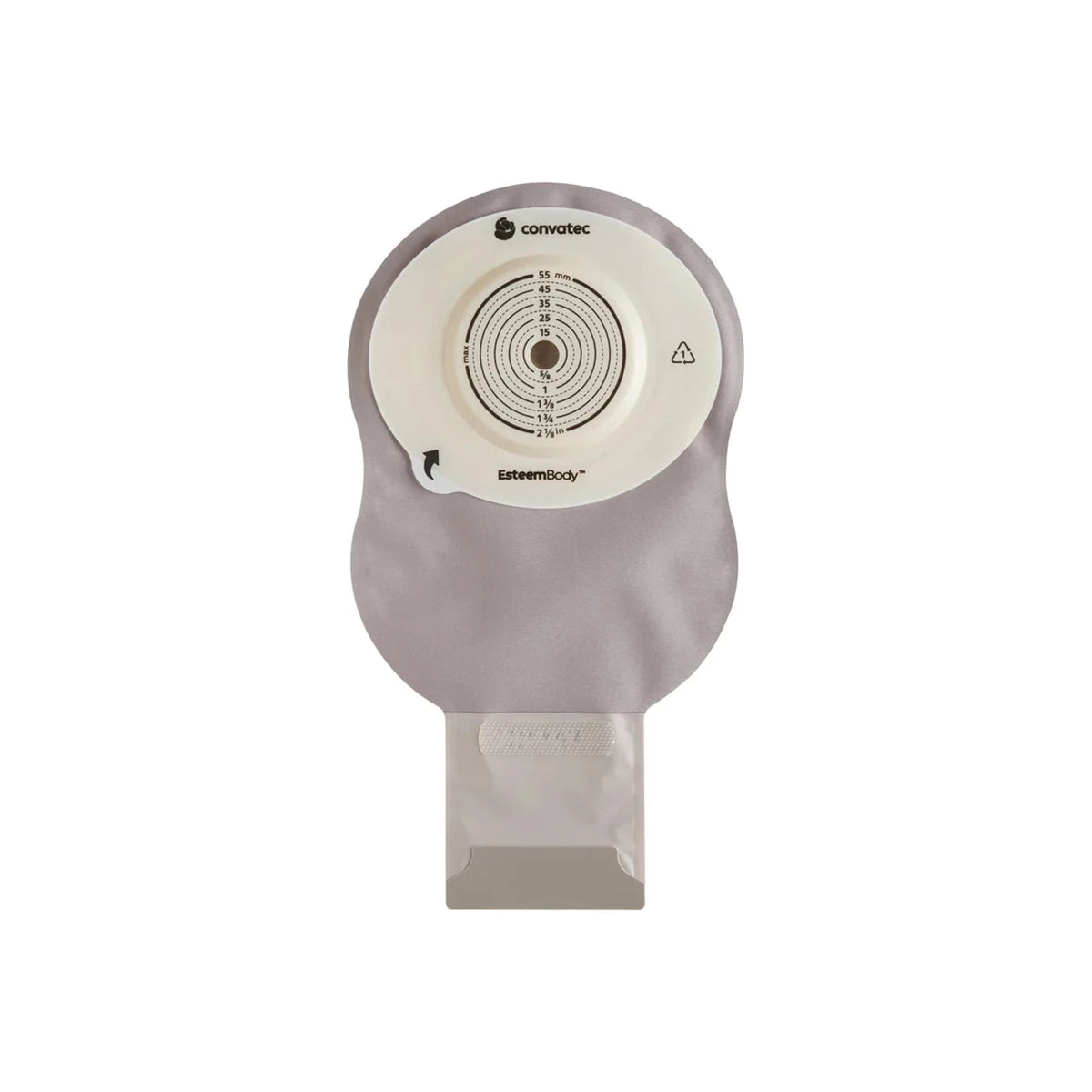 ConvaTec Esteem Body medical ostomy pouch with stoma measurement guide on white background