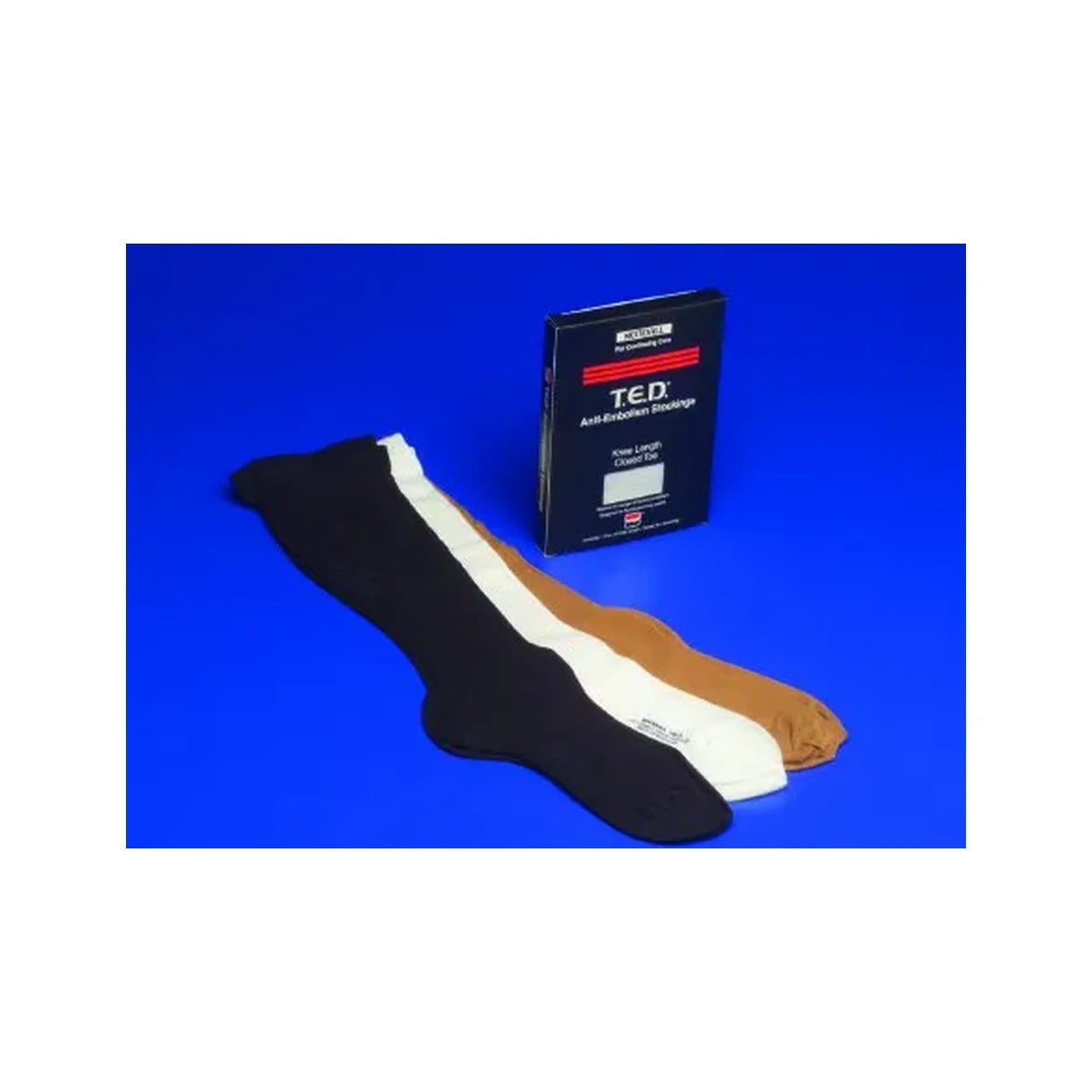 Three pairs of knee-high compression stockings in black, white, and beige with product box on blue background