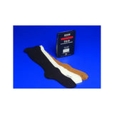 Three pairs of knee-high compression stockings in black, white, and beige with product box on blue background