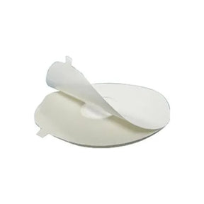 Adhesive ostomy barrier ring with tab on white background, medical supply