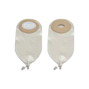Two transparent ostomy drainage bags with beige skin barriers, medical supplies on white