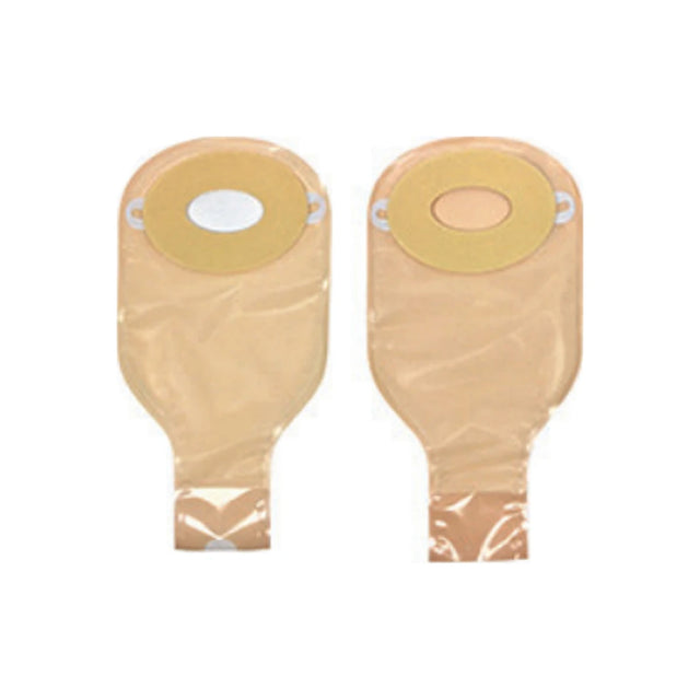 Two beige ostomy pouches with adhesive flanges for medical stoma care
