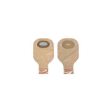Two beige ostomy pouches with adhesive barriers for medical use, front and back view