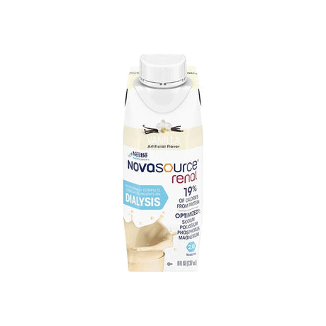 Novasource Renal vanilla nutrition drink for dialysis, 8 fl oz carton, front label view