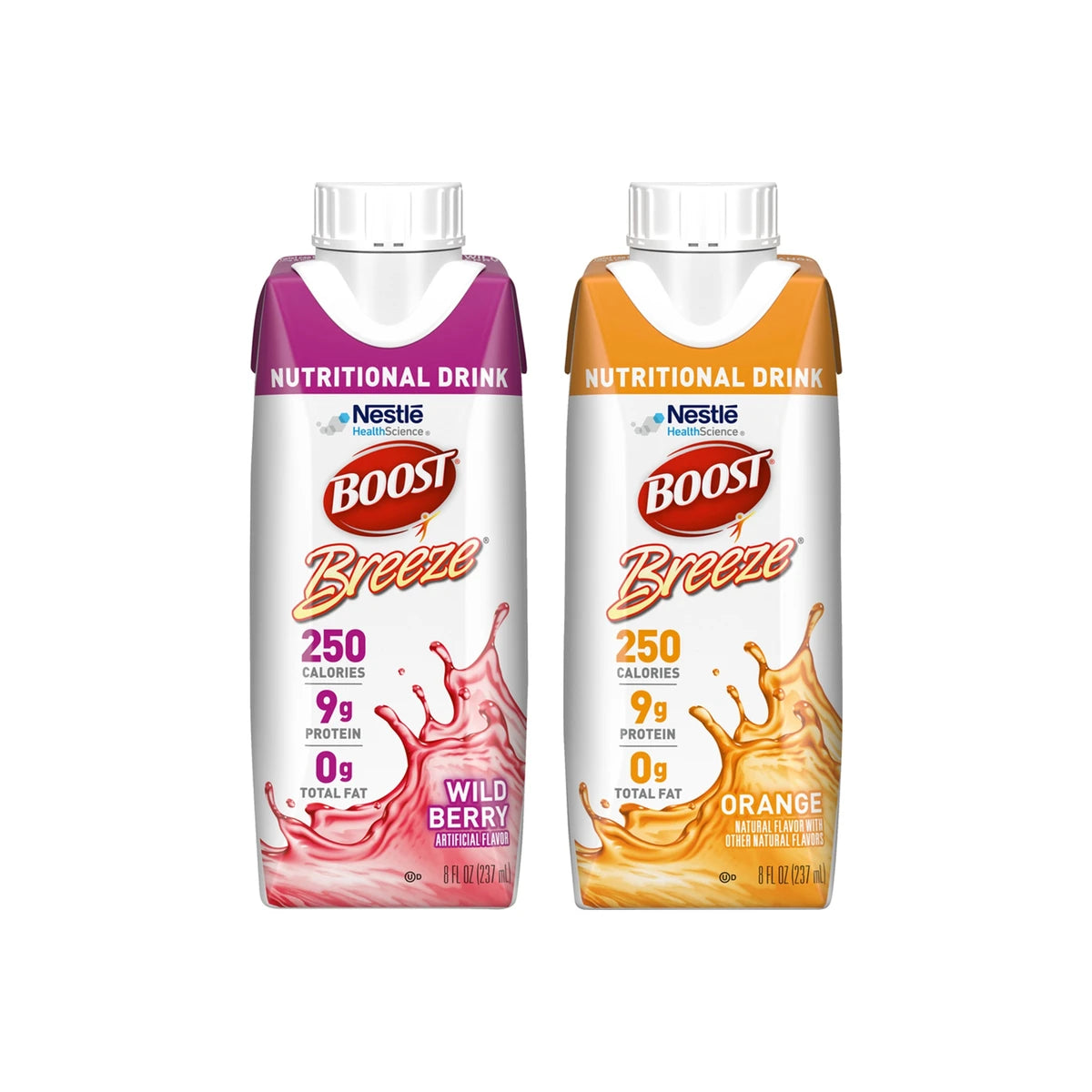 Two Boost Breeze nutritional drink cartons, wild berry and orange flavors, with nutrition info.