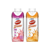 Two Boost Breeze nutritional drink cartons, wild berry and orange flavors, with nutrition info.