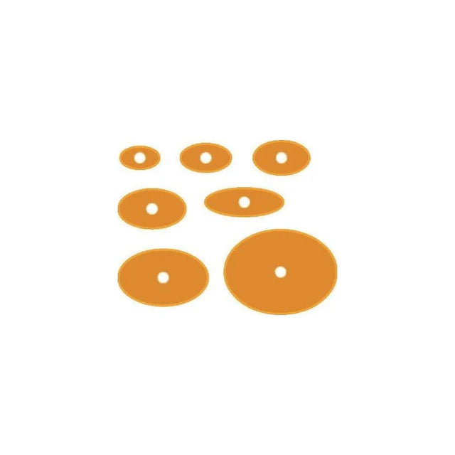 Set of orange medical adhesive barrier rings in various sizes on white background