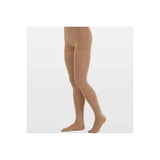 Beige medical compression stockings on model, full length, supports leg circulation