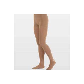 Beige medical compression stockings on model, full length, supports leg circulation