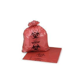 Red biohazard medical waste bag with biohazard symbol for safe disposal