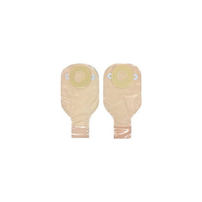 Two beige ostomy pouches with adhesive barriers for medical use on a white background
