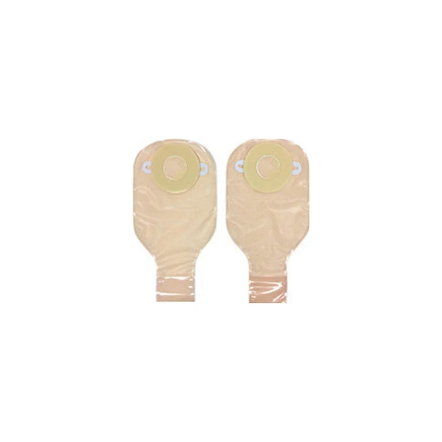 Two beige ostomy pouches with adhesive barriers for medical use on a white background