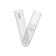 Clear plastic goniometer with angle measurements and ruler, used for medical assessment.