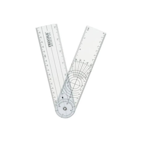 Clear plastic goniometer with angle measurements and ruler, used for medical assessment.