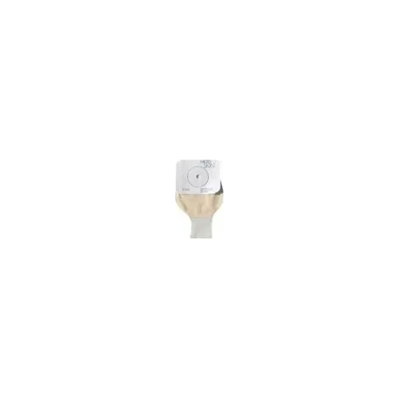 Closed ostomy pouch with adhesive barrier for stoma care on white background
