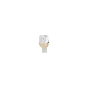 Closed ostomy pouch with adhesive barrier for stoma care on white background