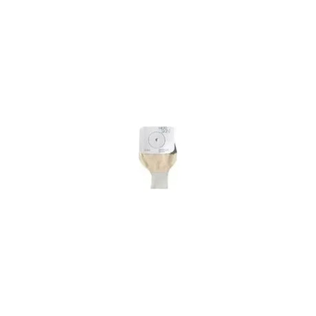 Closed ostomy pouch with adhesive barrier for stoma care on white background