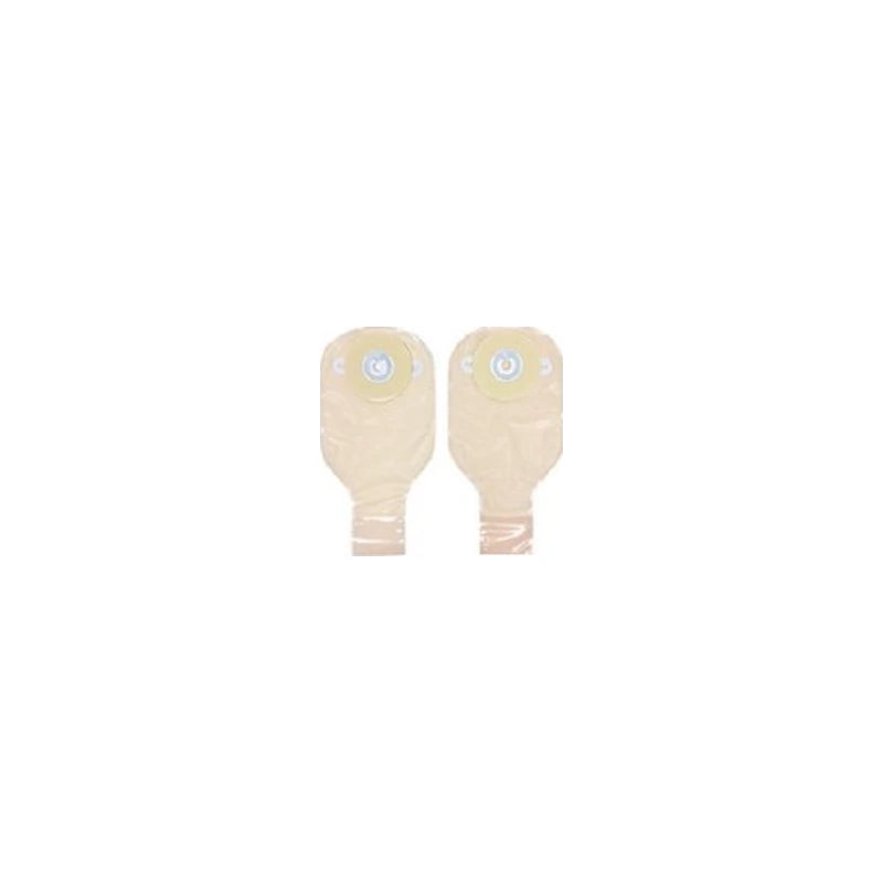 Pair of beige ostomy pouches with adhesive barriers for medical use on white background